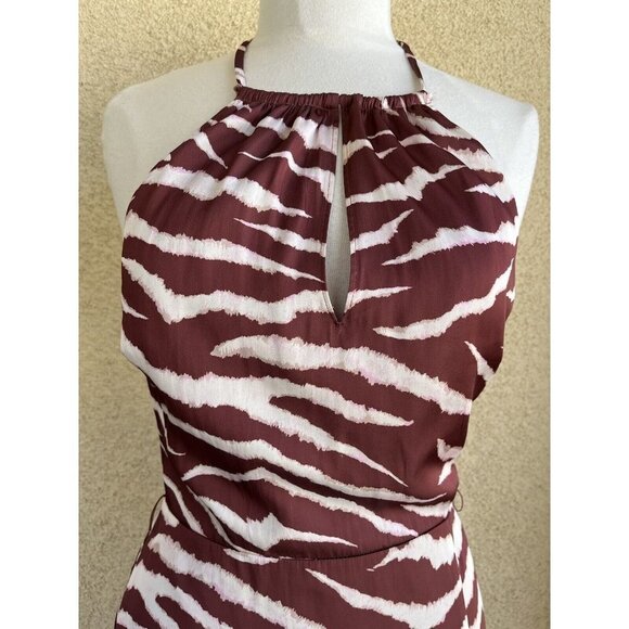 Paige Jade Cherrywood Cream Zebra printed halter ruffle hem midi dress Small - Picture 7 of 15